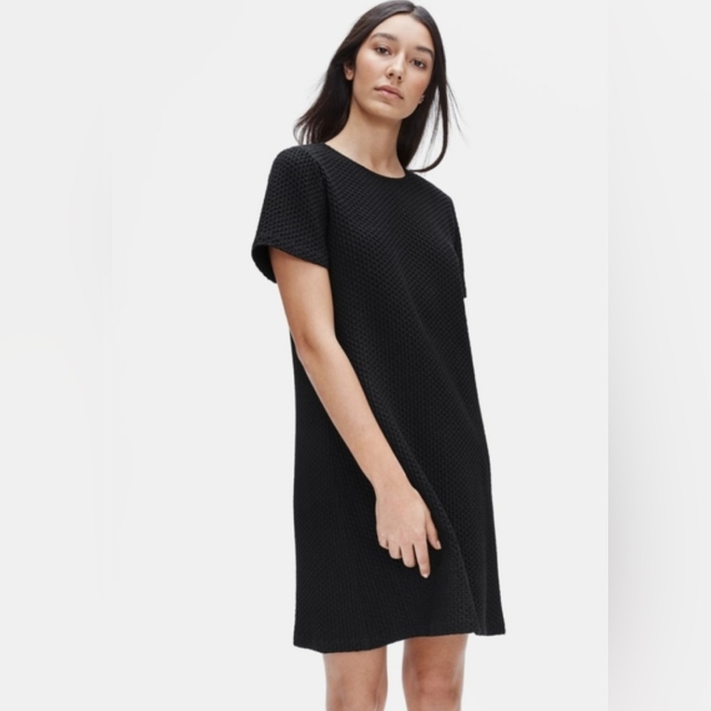 Eileen Fisher Honeycomb Round Neck Dress Short Sleeves Black Organic Sustainable